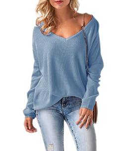 Mikos* Damen Frauen Off Shoulder Langarm Frühling Sommer Pullover Strickpullover Pullover Baggy V-Ausschnitt (694) (Jeans) von Mikos