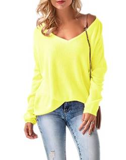 Mikos* Damen Frauen Off Shoulder Langarm Frühling Sommer Pullover Strickpullover Pullover Baggy V-Ausschnitt (694) (Neon Gelb) von Mikos