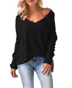 Mikos* Damen Frauen Off Shoulder Langarm Frühling Sommer Pullover Strickpullover Pullover Baggy V-Ausschnitt (694) (Schwarz) von Mikos