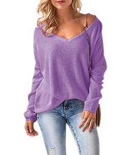 Mikos* Damen Frauen Off Shoulder Langarm Frühling Sommer Pullover Strickpullover Pullover Langarmshirt Longsleeve Baggy V-Ausschnitt (694) SML (Violet) von Mikos