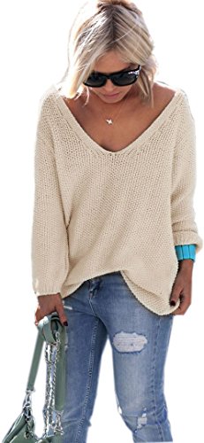 Mikos* Damen Pullover Hoodie Frühling | Sommer Sweatshirt | Warm V-Ausschnitt Lange Ärmel Casual Strickpullover Slim Mantel Top Oversize Pulli S M 36 38 (617) (Beige) von Mikos