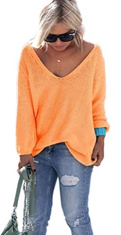 Mikos* Damen Pullover Hoodie Frühling | Sommer Sweatshirt | Warm V-Ausschnitt Lange Ärmel Casual Strickpullover Slim Mantel Top Oversize Pulli S M 36 38 (617) (Orange) von Mikos