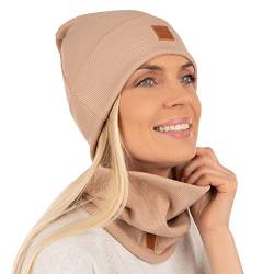 Mikos* Damen Set Mütze & Loop Baumwolle Long Beanie Hut mit Schal-Loop Herbst Winter Tolles Warm, Stretchy Elastischer, Wintermütze Junge-n Mädchen Streetwear 703 (Camel) von Mikos