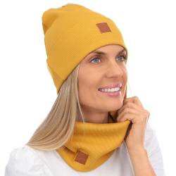 Mikos* Damen Set Mütze & Loop Baumwolle Long Beanie Hut mit Schal-Loop Herbst Winter Tolles Warm, Stretchy Elastischer, Wintermütze Junge-n Mädchen Streetwear 703 (Senfgelb) von Mikos