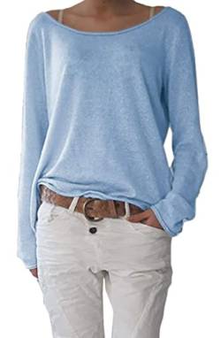 Mikos* Frühling Leicht Damen Pullover Strickpullover Rundhalsausschnitt Langarm Lose Bluse Strickpulli Shirt Oversize Lässige Sweatshirt Frühling Sommer Gestreift Tops S/M L/XL (632) (L-XL, Hellblau) von Mikos