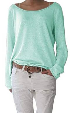 Mikos* Frühling Leicht Damen Pullover Strickpullover Rundhalsausschnitt Langarm Lose Bluse Strickpulli Shirt Oversize Lässige Sweatshirt Frühling Sommer Gestreift Tops S/M L/XL (632) (L-XL, Hellminze) von Mikos