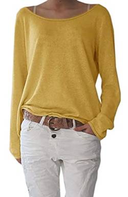 Mikos* Frühling Leicht Damen Pullover Strickpullover Rundhalsausschnitt Langarm Lose Bluse Strickpulli Shirt Oversize Lässige Sweatshirt Frühling Sommer Gestreift Tops S/M L/XL (632) (L-XL, Senfgelb) von Mikos