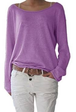 Mikos* Frühling Leicht Damen Pullover Strickpullover Rundhalsausschnitt Langarm Lose Bluse Strickpulli Shirt Oversize Lässige Sweatshirt | Frühling Sommer Gestreift Tops S/M L/XL (632) (L-XL, Violet) von Mikos