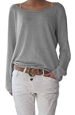 Mikos* Frühling Leicht Damen Pullover Strickpullover Rundhalsausschnitt Langarm Lose Bluse Strickpulli Shirt Oversize Lässige Sweatshirt Frühling Sommer Gestreift Tops S/M L/XL (632) (L-XL, Grau) von Mikos