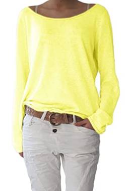 Mikos* Frühling Leicht Damen Pullover Strickpullover Rundhalsausschnitt Langarm Lose Bluse Strickpulli Shirt Oversize Lässige Sweatshirt Frühling Sommer Gestreift Tops S/M L/XL (632) (L-XL, Neon Gelb) von Mikos