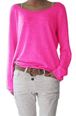 Mikos* Frühling Leicht Damen Pullover Strickpullover Rundhalsausschnitt Langarm Lose Bluse Strickpulli Shirt Oversize Lässige Sweatshirt Frühling Sommer Gestreift Tops S/M L/XL (632) (L-XL, Rosa Neon) von Mikos