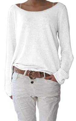 Mikos* Frühling Leicht Damen Pullover Strickpullover Rundhalsausschnitt Langarm Lose Bluse Strickpulli Shirt Oversize Lässige Sweatshirt Frühling Sommer Gestreift Tops S/M L/XL (632) (L-XL, Weiß) von Mikos