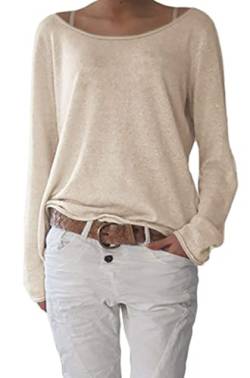 Mikos* Frühling Leicht Damen Pullover Strickpullover Rundhalsausschnitt Langarm Lose Bluse | Strickpulli Shirt Oversize Lässige Sweatshirt | Frühling Sommer Gestreift Tops S/M L/XL (632) (S-M, Beige) von Mikos