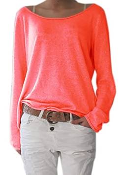 Mikos* Frühling Leicht Damen Pullover Strickpullover Rundhalsausschnitt Langarm Lose Bluse Strickpulli Shirt Oversize Lässige Sweatshirt Frühling Sommer Gestreift Tops S/M L/XL 632 (L-XL, Neon Orange) von Mikos