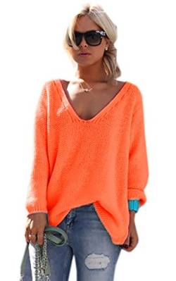 Mikos* Strickpullover V-Ausschnitt Damen Langarm Strickpulli Oversize Lässige Frühling Sommer S/M L/XL (717) (as3, Numeric, Numeric_40, Numeric_42, Plus, Regular, Neon Orange) von Mikos