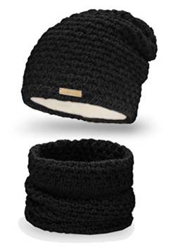 Mikos* Winter Kombi Set aus Winter Schal und passender Strickmütze/Beanie (690) (Schwarz) von Mikos