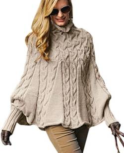 Mikos*Eleganter Damen Poncho Rollkragenpullover Damen Pullover Strickponcho Cape Zopfstickmuster Warm Herbst Pullover (641) (-Beige) von Mikos