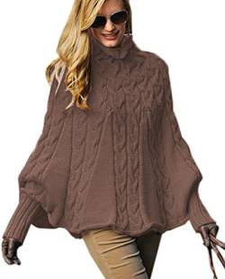 Mikos*Eleganter Damen Poncho Rollkragenpullover Damen Pullover Strickponcho Cape Zopfstickmuster Warm Herbst Pullover (641) (Braun) von Mikos