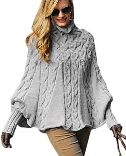 Mikos*Eleganter Damen Poncho Rollkragenpullover Damen Pullover Strickponcho Cape Zopfstickmuster Warm Herbst Pullover (641) (Grau) von Mikos