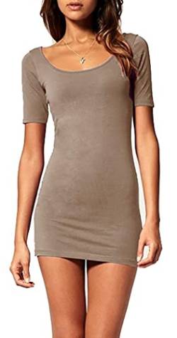 Mikos*Sommer Damen Kleid Kurzarm Longtop Long Shirt Bodycon Stretch Short Minikleid S M L (314) (40/L, Beige) von Mikos