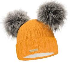 Mikos * Damen Wurm Winter Beanie Strickmütze Gefüttert Skimütze Wintermütze mit Zwei Pom Pom Mütze mit Zwei Bommeln Slouch Beanie Damen - Bommelmütze (689) (Curry) von Mikos