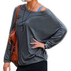Mikos Damen Longshirt Super Lose Tunika Japan StyleSexy Longsleeve Schulterfreies Oversize!! Bluse Blouse Kimono S/M L/XL (157) (L-XL, Dunkelgrau) von Mikos