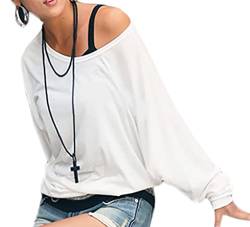 Mikos Damen Longshirt Super Lose Tunika Japan StyleSexy Longsleeve Schulterfreies Oversize!! Bluse Blouse Kimono S/M L/XL (157) (L-XL, Weiß) von Mikos