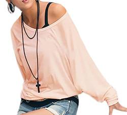 Mikos Damen Longshirt Super Lose Tunika Japan StyleSexy Longsleeve Schulterfreies Oversize!! Bluse Blouse Kimono S/M L/XL (157) (S-M, Puderrosa) von Mikos