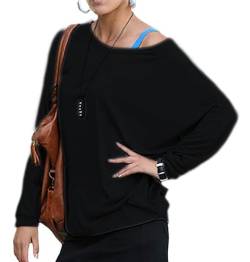 Mikos Damen Longshirt Super Lose Tunika Japan StyleSexy Longsleeve Schulterfreies Oversize!! Bluse Blouse Kimono S/M L/XL (157) (S-M, Schwarz) von Mikos