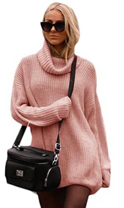 Mikos Damen Pullover Oversize Strick Pulli Winter Lang Rollkragen Strickpullover Rollkragenpullover Hoodie Schwarz Longpullover Frauen Grau Long Elegant Sweater Herbst Beige Braun(648) (Rosa) von Mikos