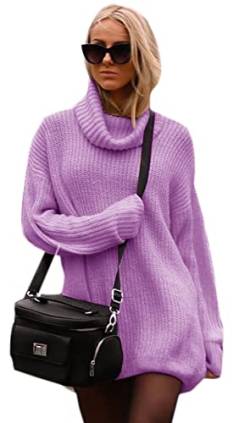 Mikos Damen Pullover Oversize Strick Pulli Winter Lang Rollkragen Strickpullover Rollkragenpullover Hoodie Schwarz Longpullover Frauen Grau Long Elegant Sweater Herbst Beige Braun(648) (Violet) von Mikos