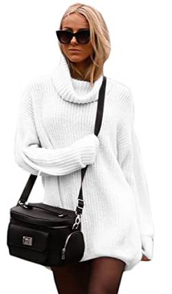 Mikos Damen Pullover Oversize Strick Pulli Winter Lang Rollkragen Strickpullover Rollkragenpullover Hoodie Schwarz Longpullover Frauen Grau Long Elegant Sweater Herbst Beige Braun(648) (Weiß) von Mikos