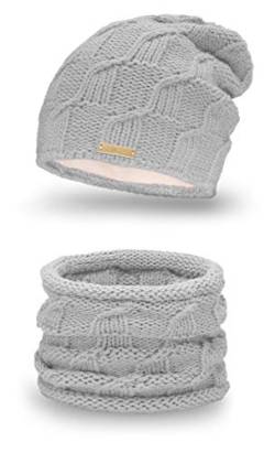 Mikos Wurm Winter Kombi Set aus Winter Schal und passender Strickmütze/Beanie (686) (Grau) von Mikos