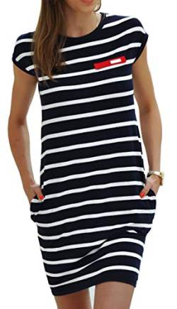 Sommerkleider Damen Kurzarm Kleider Jerseykleid Freizeitkleid Mini Dress Strandkleid Maritime S M L XL (340 Dunkelweiße Streifen, XL) von Mikos