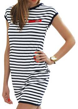 Sommerkleider Damen Kurzarm Kleider Jerseykleid Freizeitkleid Mini Dress Strandkleid Maritime S M L XL (340 Weiße Marine-Streifen, S) von Mikos