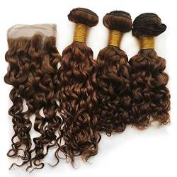 Mila 3 Bundles Colour 4# Mittel Braun Echthaar Tressen Lockig 100% Human Hair Weave Jerry Curl Brazilian Remy Haarverlängerungen und Lace Closure (16"18"20"+14"closure) von Mila Hair