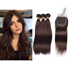 Mila 3pc Extensions Tressen Dunkelbraunes Haar Glatt 100% Remy Echthaar Brazilian Virgin Hair Bundles Dark Brown with Lace Closure (10"12"14"+10"closure) von Mila Hair