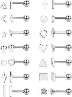 MILACOLATO 14Paar Ohrstecker Klein Damen Herren Ohrringe Silber Edelstahl Mini Geometrische Kreuz Mond Herz CZ Rund Ohrstecker Set Knorpel Tragus Ohrringe Schmuck Mit Schmetterling Kugel Flacher Back von Milacolato