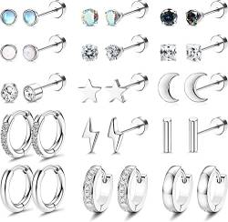 MILACOLATO 15Paar Ohrknorpel Ohrringe Chirurgenstahl Für Damen Herren 20G Ohrstecker Kleine CZ Creolen Huggie Ohrringe Ohrringe Set Tragus Helix Ohr Piercing Schmuck Silber von Milacolato