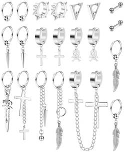 MILACOLATO 21 Stück 316L Edelstahl Creolen Ohrringe für Herren Damen Baumeln Kettenohrringe Punk Gothic Kpop Ohrringe Creolen Blatt Kreuz Ohrringe Set Unisex Silber von Milacolato