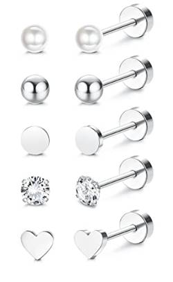 MILACOLATO 5Pairs Titan Ohrstecker für Damen Herren G23 Titan empfindliche Ohr Piercing Ball Dot Herz Opal Perle Türkis Cubic Zirkonia Stern Mond Ohrpiercing Ohrstecker 20G Flatback Ohrringe von Milacolato