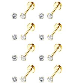 MILACOLATO 8 Paar Ohrstecker Set Hypoallergen Edelstahl für Damen Herren Knorpel Helix Ohrringe 18K Vergoldete CZ Ohrringe mit Schraubverschluss Ohrläppchen Flache Rückseite Ohrstecker Gold 3mm von Milacolato