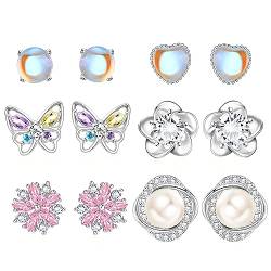 MILACOLATO 925 Silber Ohrstecker für Damen, Hypoallergenes Mond Stern Ohrringe Set, Sterlingsilber CZ Mondstein Herz Blume Schmetterling Ohrringe Ohrstecker Klein Schmuck für Mädchen Kinder Teenager von Milacolato