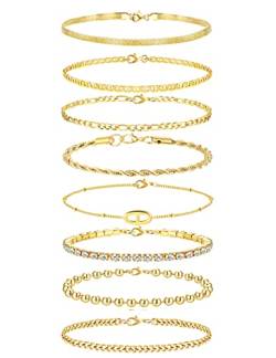 MILACOLATO Edelstahl Armbänder Set Für Damen Armband Verstellbar 18Karat Vergoldet CZ Kettenarmband Figaro Kubanisches Tennis Kette Armkette Twist Fischgräten Stapelbares Armband Schmuck Gold von Milacolato