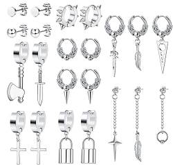 MILACOLATO Kpop Ohrringe Set Herren Damen Edelstahl Ohrringe Creolen Hängend Ohrstecker Punk Goth Statement Kreuz Stern Feder Kette Ohrringe Cool Edgy Men Earrings Hoop, 22 Stücke Silber von Milacolato