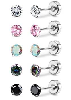 MILACOLATO Titan Ohrringe für Damen Herren 5Pairs G23 Titan Ohrstecker für Empfindliche Ohr Piercing Rainbow 5A Cubic Zirkonia Ohrstecker Hypoallergen 20G Flat Back Ohrpiercing Ohrstecker Set von Milacolato