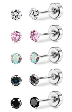 MILACOLATO Titan Ohrringe für Damen Herren 5Pairs G23 Titan Ohrstecker für Empfindliche Ohr Piercing Rainbow 5A Cubic Zirkonia Ohrstecker Hypoallergen 20G Flat Back Ohrpiercing Ohrstecker Set von Milacolato