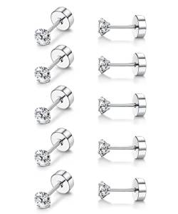 MILACOLATO Titan Ohrringe für Damen Mädchen 5Pairs G23 Titan Ohrstecker für Empfindliche Ohr Piercing Simulierte Diamant Ohrstecker Hypoallergen 20G Flat Back ohrpiercing Titan Knorpel Ohrstecker Set von Milacolato