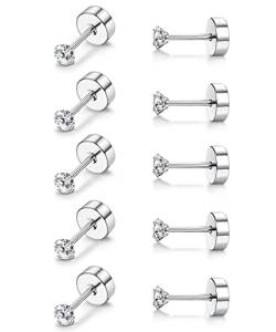 MILACOLATO Titan Ohrringe für Damen Mädchen 5Pairs G23 Titan Ohrstecker für Empfindliche Ohr Piercing Simulierte Diamant Ohrstecker Hypoallergen 20G Flat Back ohrpiercing Titan Knorpel Ohrstecker Set von Milacolato