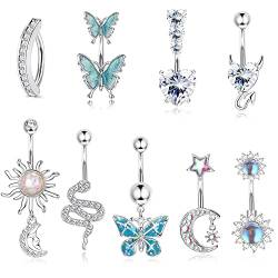 Milacolato 10Pcs 14G Bauchnabelstangen Für Frauen Edelstahl Bauchstange Herz Schlange Schmetterling CZ Dangly Bauchnabel Bars Langhanteln Bauchnabel Piercing Schmuck Silber von Milacolato